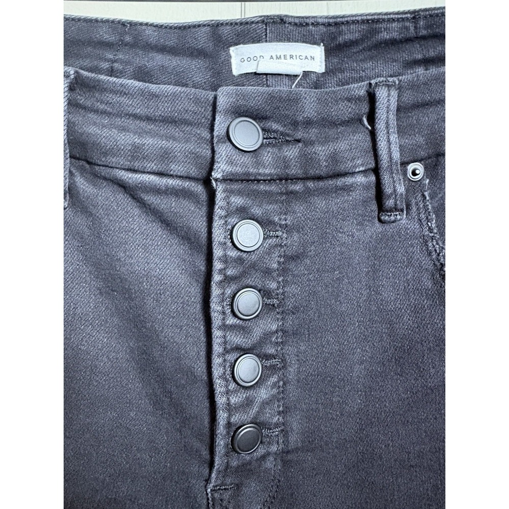 Good American Good Leg Mini Boot Black Jean 12/31 Crop Flare Raw Hem Button Fly - Picture 2 of 5